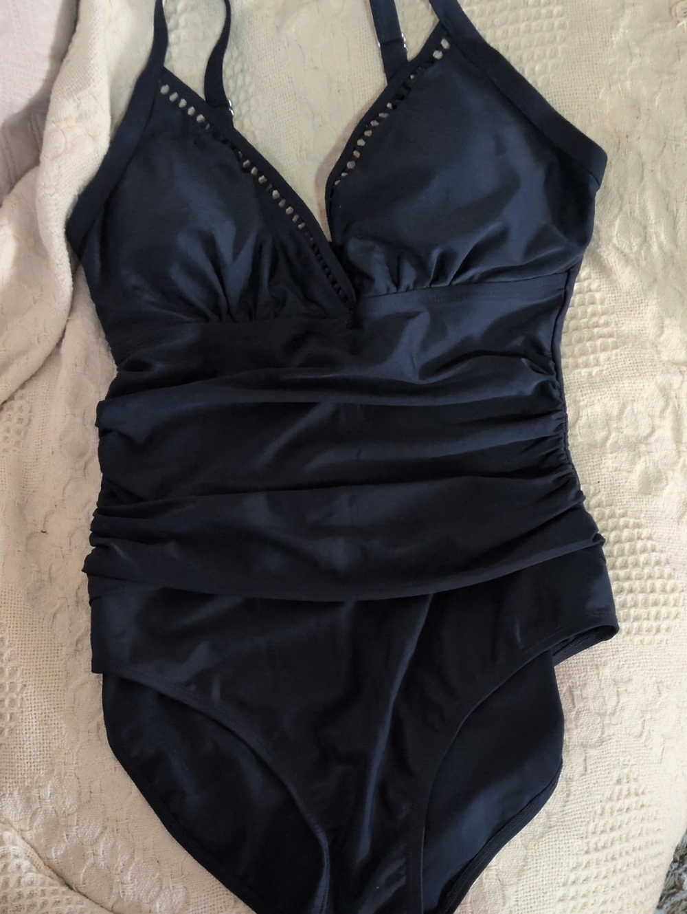 Navy One-Piece Swimsuit with V-Neck Detail